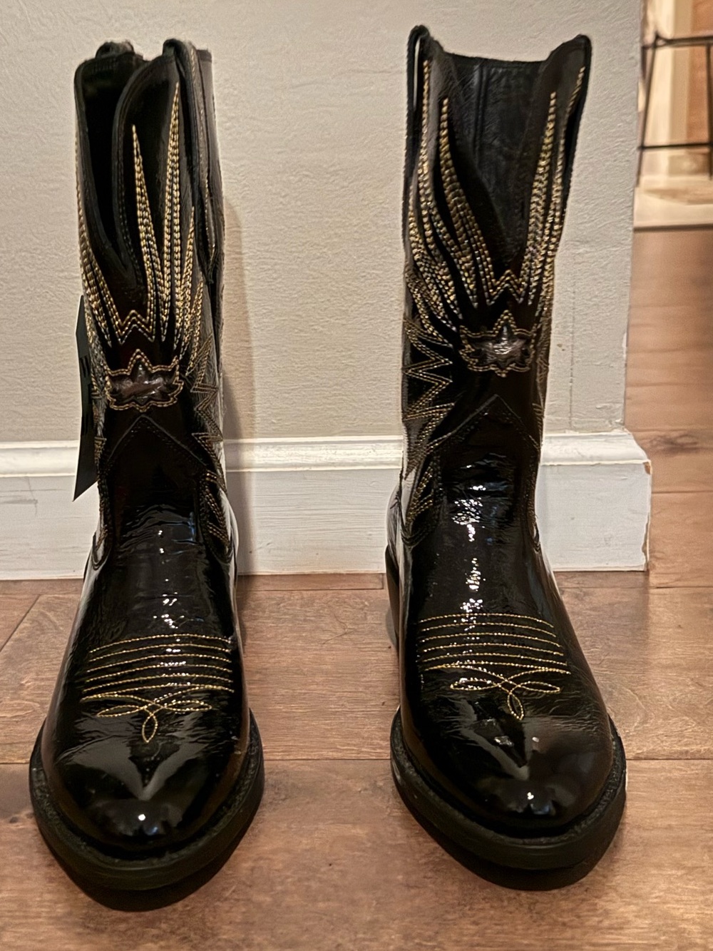 Mezcalero Black Patent Western Boots with Gold Stitching